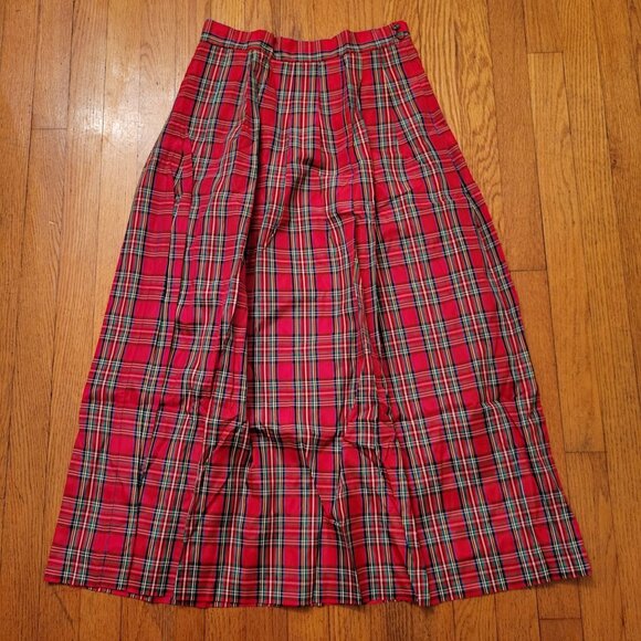 Preston York 10 Tartan Plaid A Line Pleated Skirt Red USA Tafetta Vintage - Picture 1 of 7